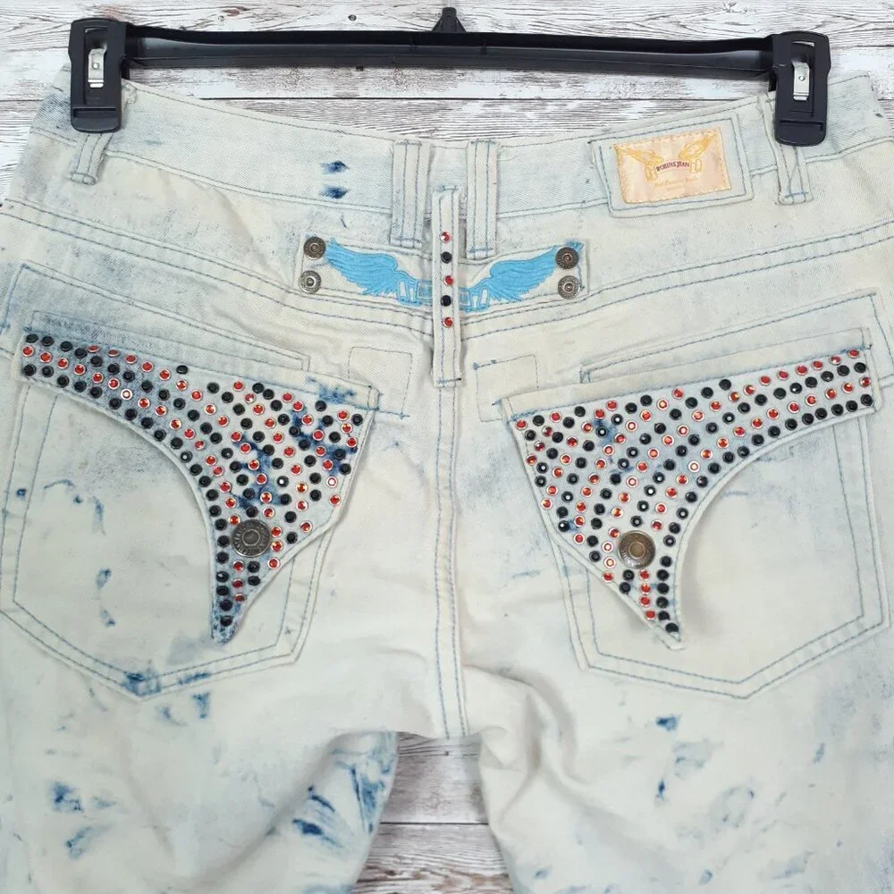 Robin's Jean Mens Jeans 34 Waist Long Flap Studded Pockets Gold Keychain 29